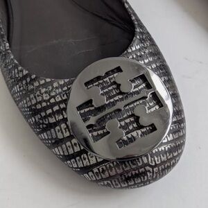 Tory Burch Reva Metallic Black Lizard Embossed Leather Ballet Flat